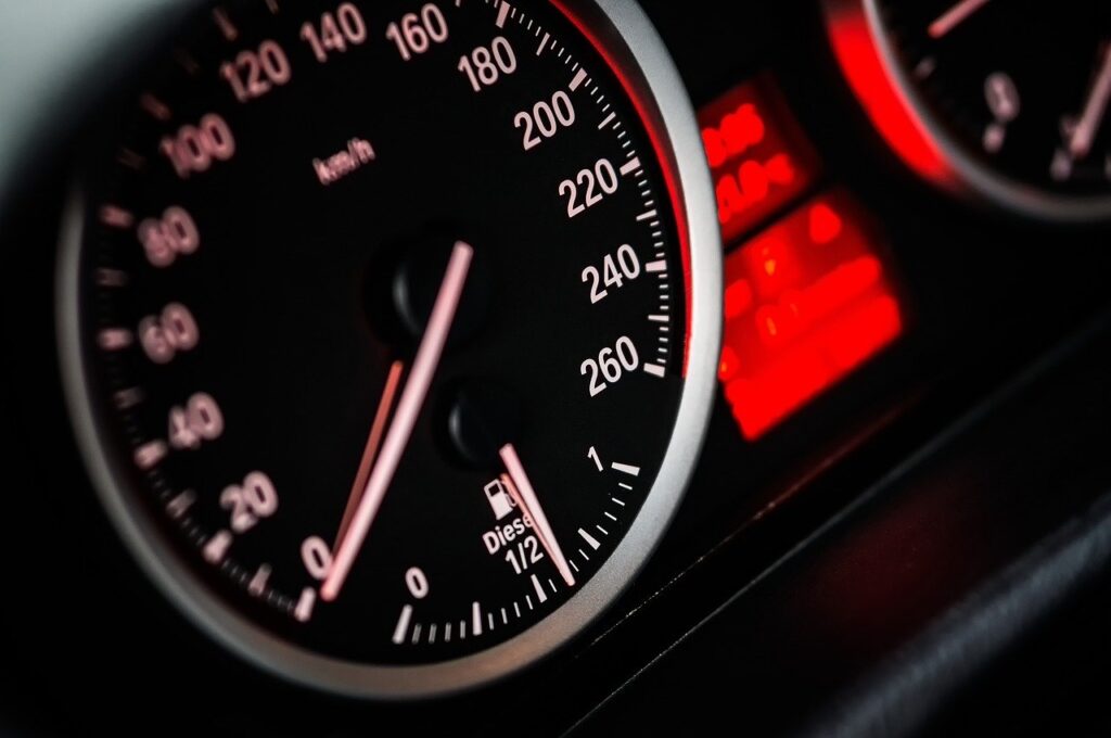 Image of car speedometer represents website speed.